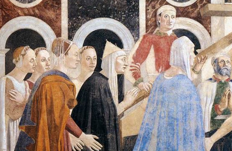 Fresco detail of women in draped orange, black and blue garments and headdresses, gazing toward the right