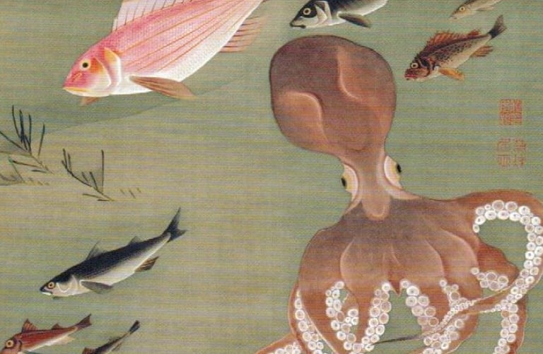 Painting of a brown octopus seen from behind, surrounded by pink and grey fish on a green background