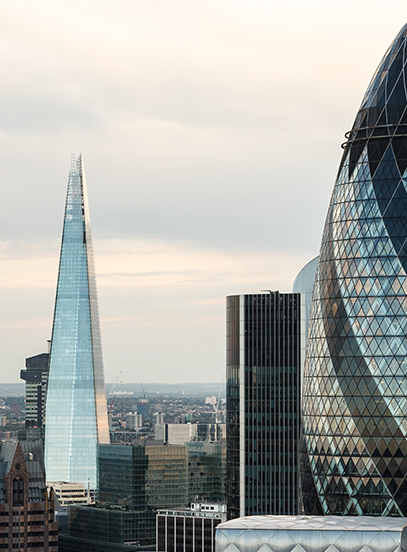 The Shard and the Gherkin skyscrapers rising above the London skyline
