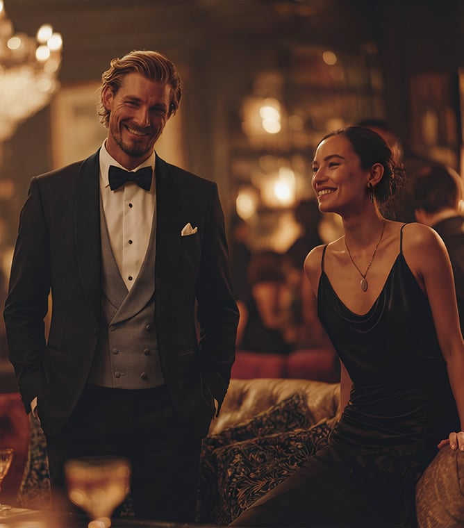 Smiling man in a tuxedo with grey waistcoat and a woman in a black slip dress at an elegant evening event