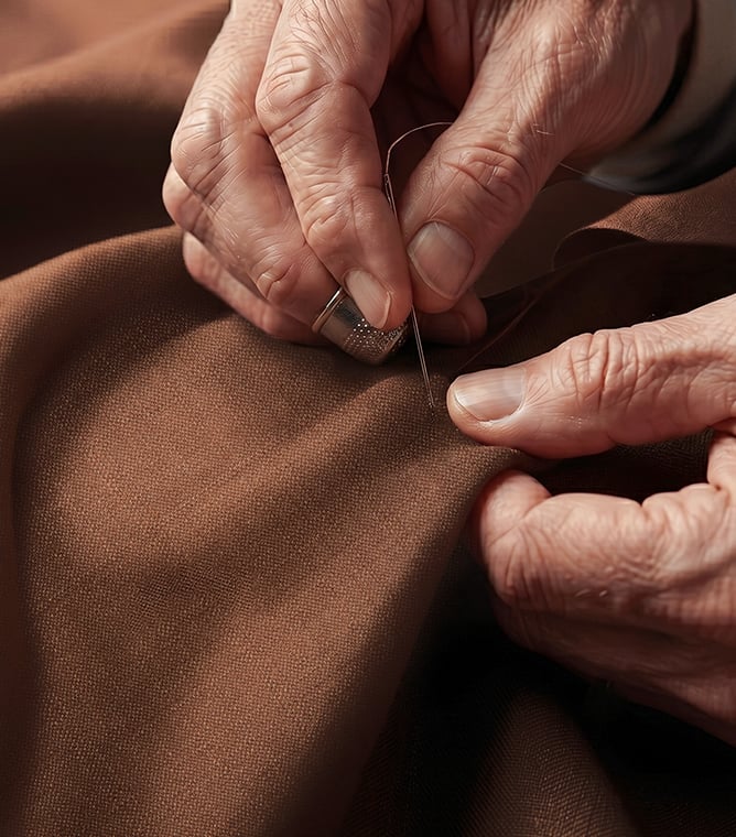 Elderly hands with a thimble sewing brown woolen fabric with needle and thread