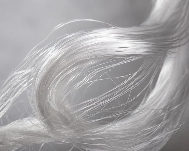 Close-up of fine, glossy white fibre strands curling in soft waves against a grey background