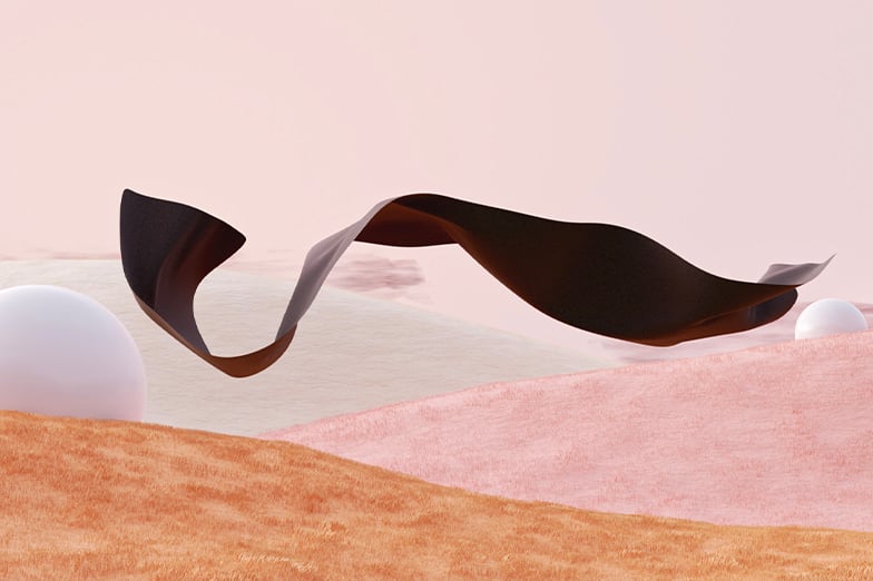 Dark fabric ribbon floating over soft pink and orange hills with white spheres in a surreal 3D landscape