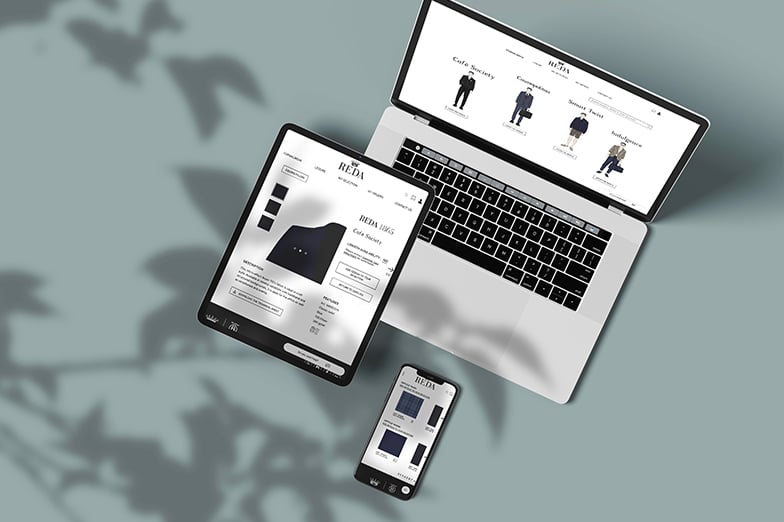 Reda 1865 website shown on a laptop, tablet and smartphone, with menswear outfits and a Café Society fabric page