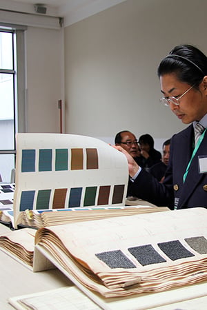 Woman in a dark jacket leafs through a book of fabric swatches while other people look on behind her
