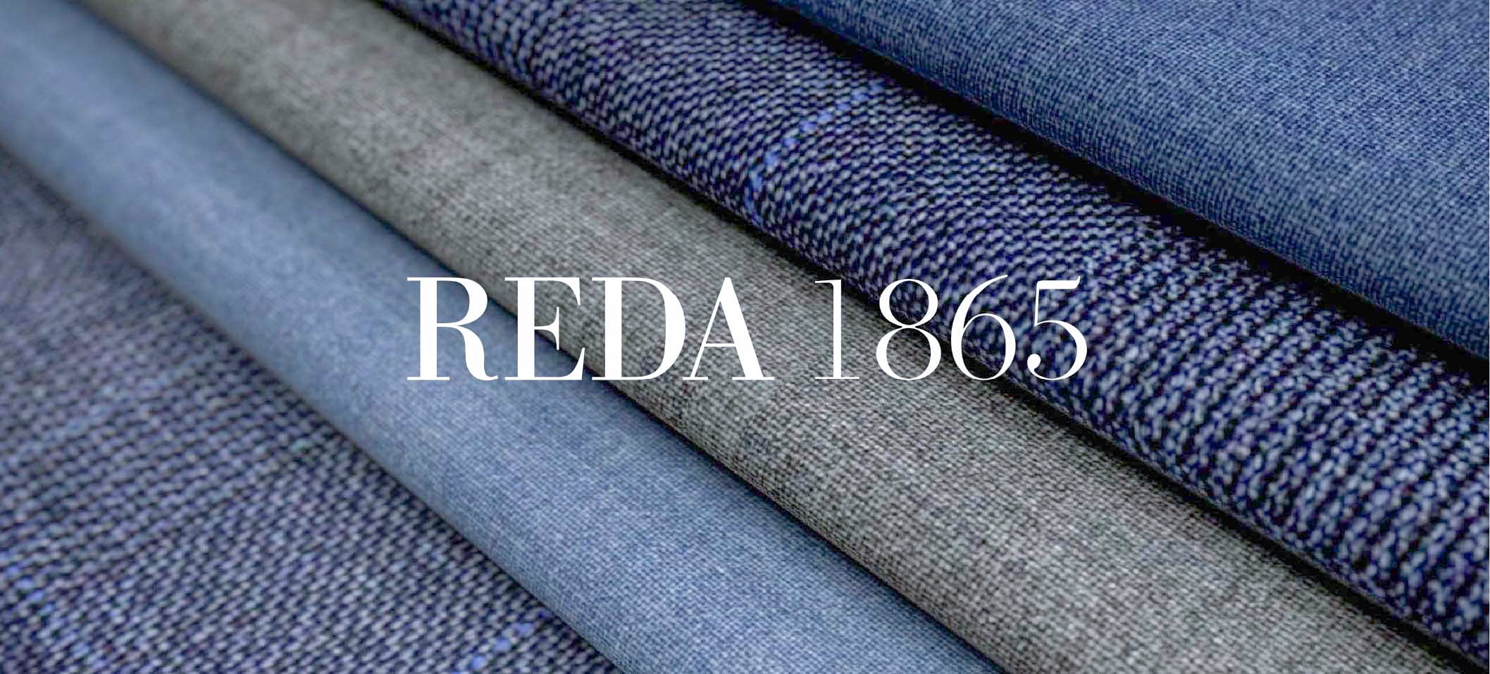 Rolled wool fabrics in blue and grey tones with the text "REDA 1865" overlaid