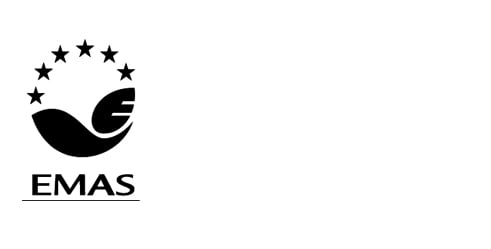 Logo EMAS, sistema di eco-gestione e audit, con cerchio di stelle sopra una foglia e un'onda stilizzate