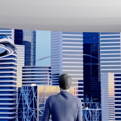 Man in a blue suit seen from behind, looking out at a stylized city skyline of blue skyscrapers