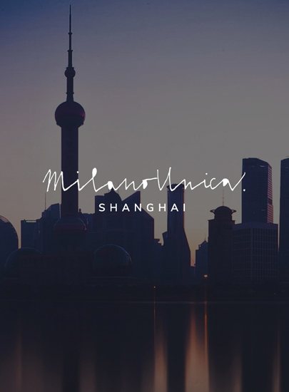 Shanghai skyline at dusk with the Oriental Pearl Tower, overlaid with the text "Milanounica Shanghai"