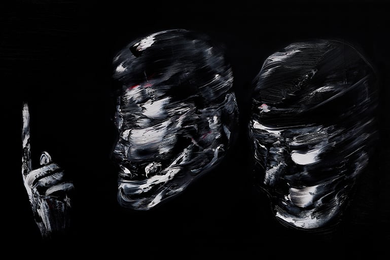 Painting of two abstract heads and a raised index finger in white brushstrokes on a black background