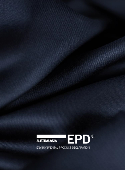 Dark navy wool fabric in soft folds with the Australasia EPD Environmental Product Declaration logo