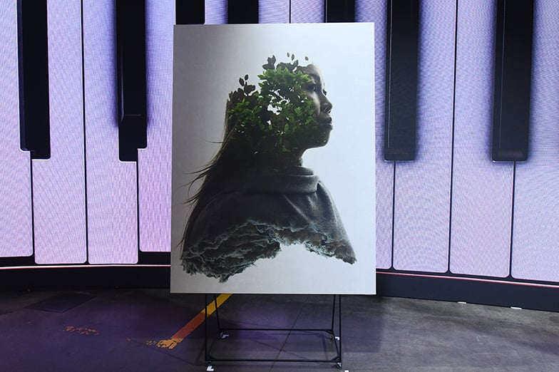 Double-exposure print of a woman's profile with green leaves on her head, displayed before giant piano keys