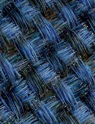 Close-up of woven fabric in blue and dark tones, with fine fibers crossing in a diagonal weave