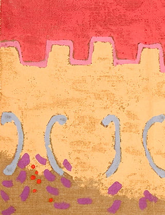 Abstract painted illustration in red, pink, orange and purple with gray curved shapes on a textured fabric-like surface